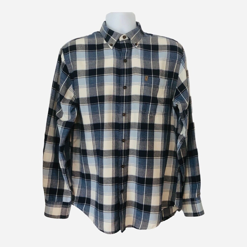 Izod Mens M Blue/White Plaid Long Sleeve Button Up Casual Collared Flannel Shirt